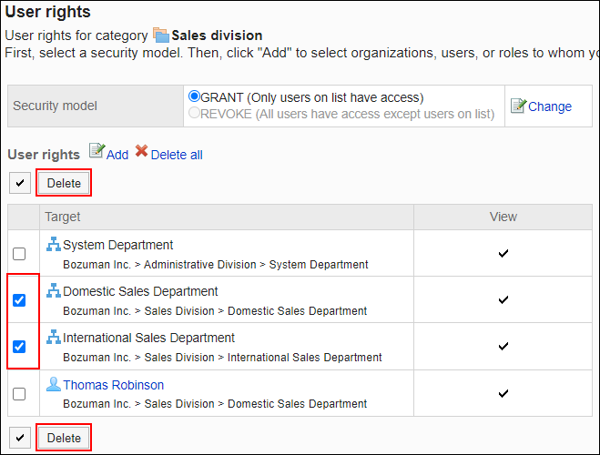 Screenshot: Checkboxes of users to be deleted are selected on the User rights screen. The Delete button is highlighted