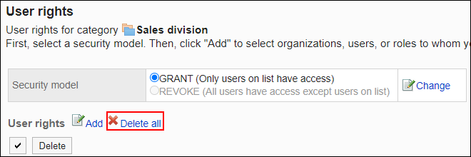 Screenshot: Link to delete all is highlighted in the list of User rights screen