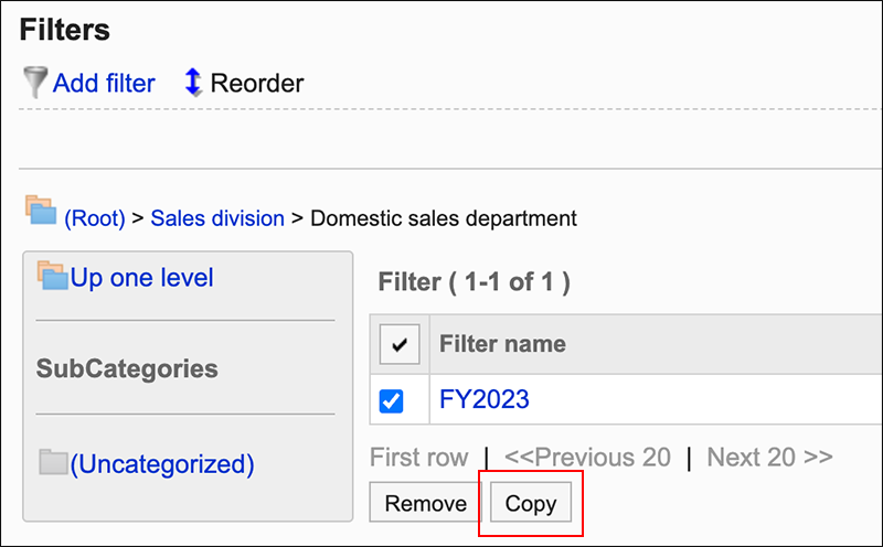 Screenshot: Button to copy is highlighted on the Filters screen