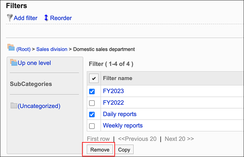 Screenshot: Button to delete is highlighted on the Filters screen