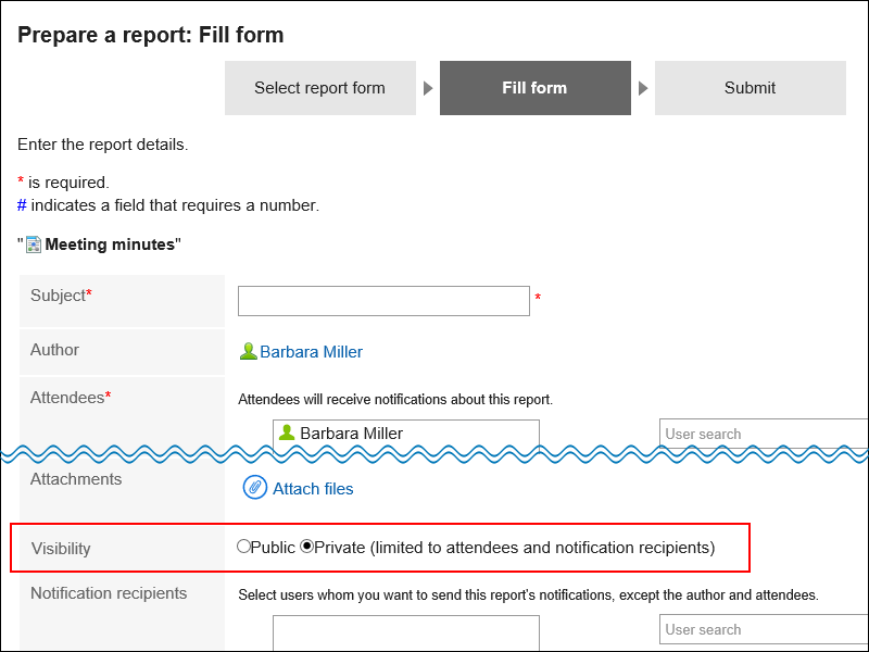 Screen capture: Screen to create a report