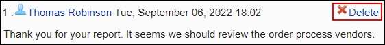 Screenshot: Link to delete in a comment is highlighted on the "Report details" screen