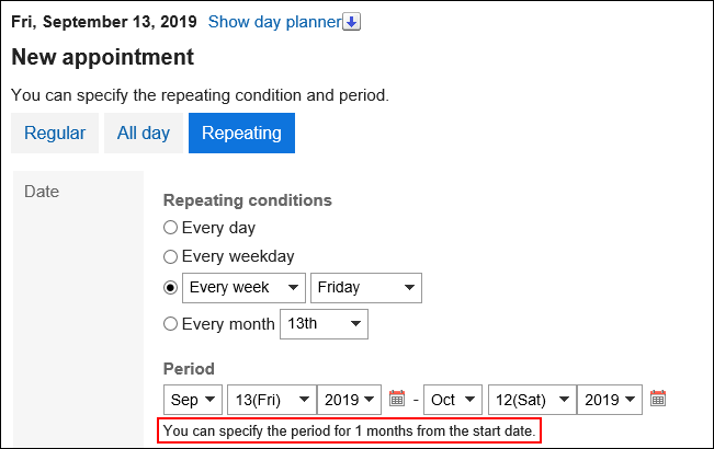 Image of the period for repeating appointments set to one month