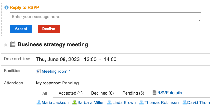 Screenshot: The appointment details screen showing a field to enter the response about whether you accept or decline the request