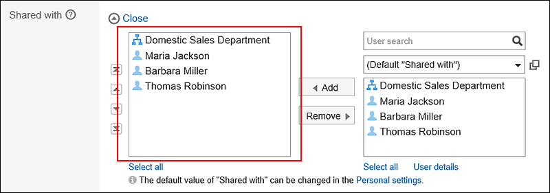 Screen capture: Default "Shared with" values are automatically set as "Shared with" users in the "New appointment" screen