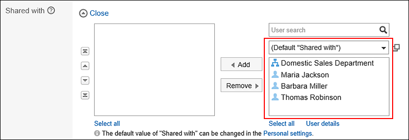 Screen capture: Default "Shared with" values are not set as "Shared with" users in the "New appointment" screen