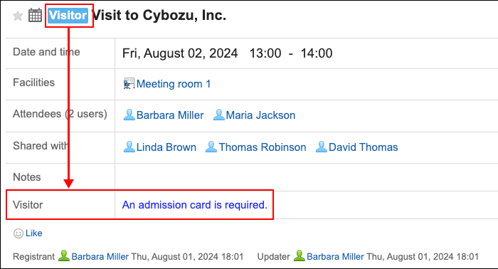 Screenshot: When selecting an appointment type "Visitor", the linked item is displayed