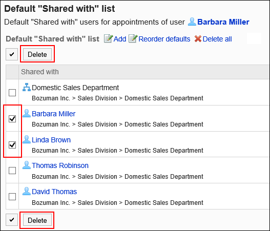 Image of default Shared with users selected to be deleted
