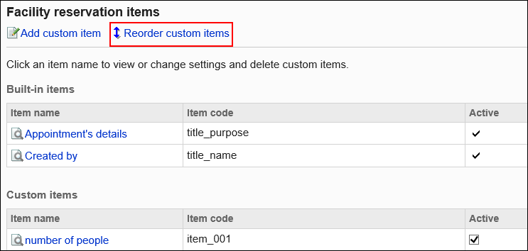 Image of the link for reordering custom items
