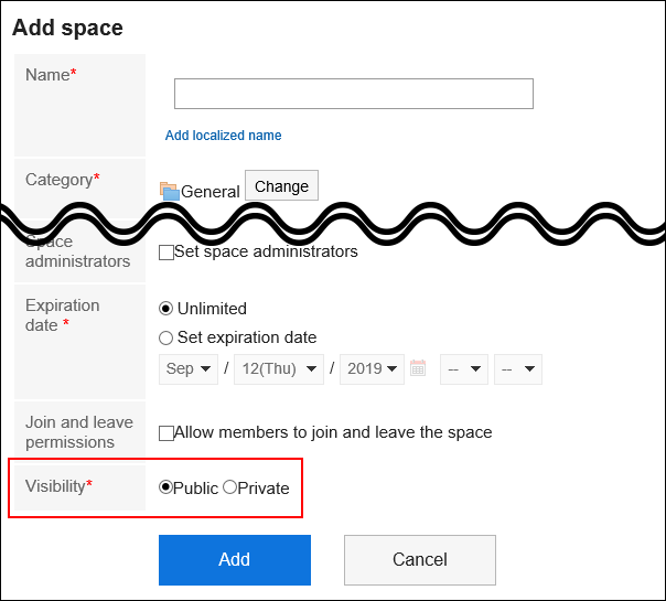 Image of default visibility on "Add space" screen