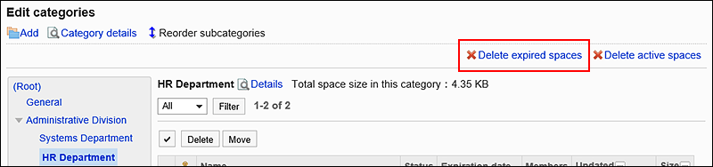 Image of "Delete expired spaces" action link