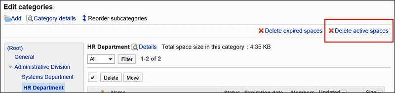 Image of "Delete active spaces" action link