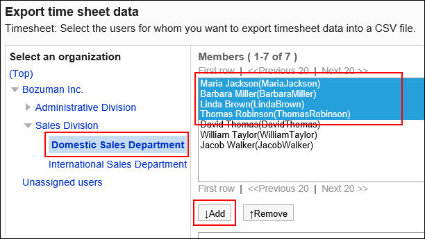 Export timesheet screen