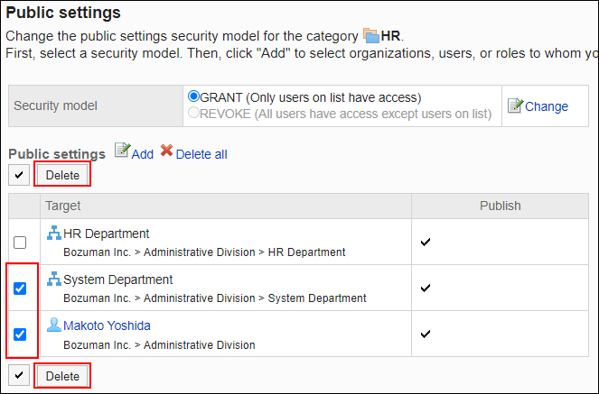 Screenshot: A checkbox to delete is selected on the "Public settings" screen. The Delete button is highlighted