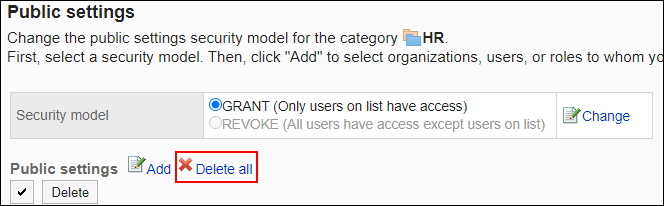Screenshot: Link to delete all is highlighted in the list of Public settings screen