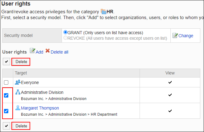Screenshot: Checkboxes of users to be deleted are selected on the User rights screen. The Delete button is highlighted