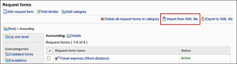 Image of importing data from an XML file action link