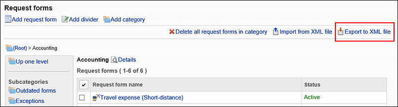 Image of exporting data to a XML file action link