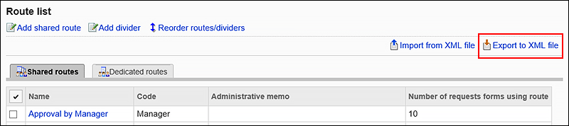 Image of exporting data to a XML file action link