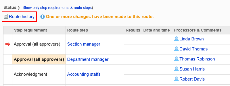 Image of an action link to display the route history