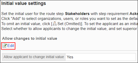 Screenshot: Edit link is highlighted in the Initial value settings screen