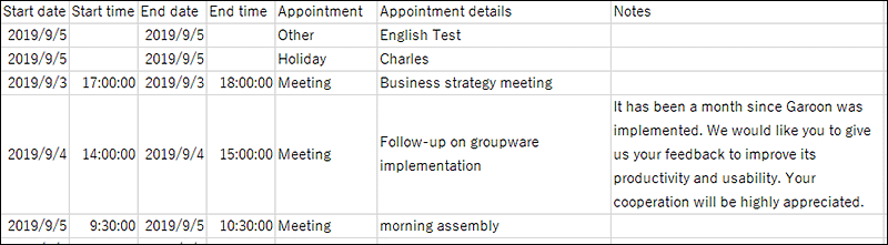 Example of a CSV file for personal settings