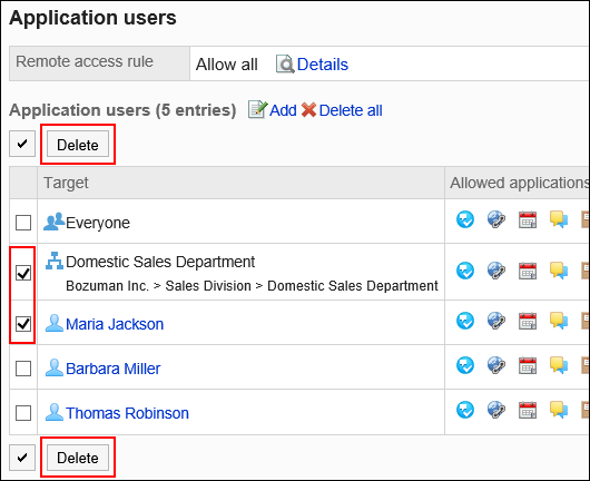 Image showing the selection of organizations, users, or roles to be removed