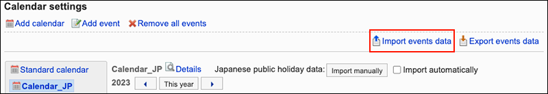 Screenshot: The "Import events data" link is highlighted in the "Calendar settings" screen