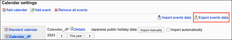 Screenshot: The "Export events data" link is highlighted in the "Calendar settings" screen