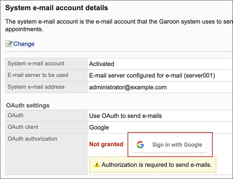 Screenshot: Button to sign in to OAuth is highlighted on the "System e-mail account details" screen