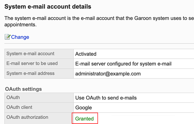 Screenshot: OAuth authorization is granted on the "System e-mail account details" screen
