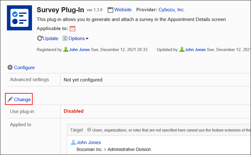 Screen capture: The "Plug-in details" screen. An action link to a screen to change plug-in settings is highlighted.