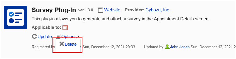 Screen capture: The "Plug-in details" screen. An action link to a dialog to delete the plug-in is highlighted.