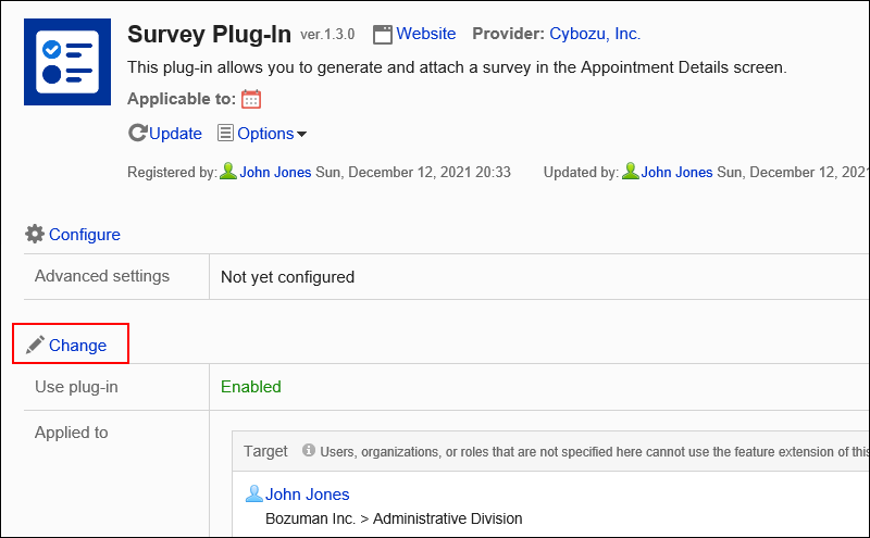 Screen capture: The "Plug-in details" screen. An action link to a screen to change plug-in settings is highlighted.