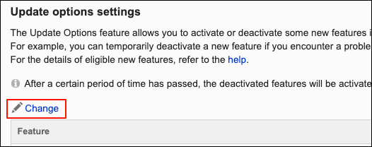 Screenshot: The "Update options settings" screen with the Change link highlighted