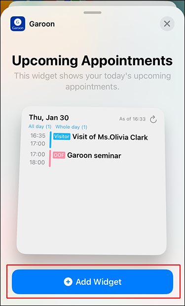 Screenshot: Link to add the widget is highlighted