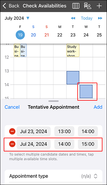 Screenshot: The "Check Availabilities" screen with two candidate dates/times selected