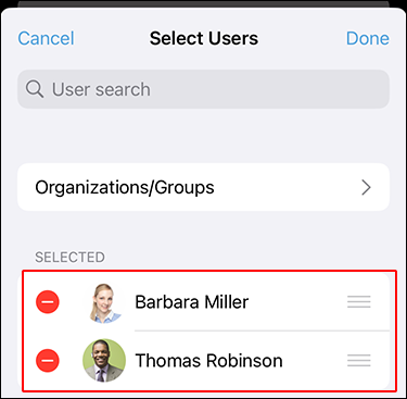 Screenshot: The selected users are highlighted on the "Select users" screen