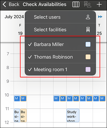 Screenshot: The "Check Availabilities" screen displaying appointments of multiple users and facilities in different colors
