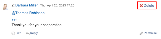 Screenshot: Link to delete a comment is highlighted