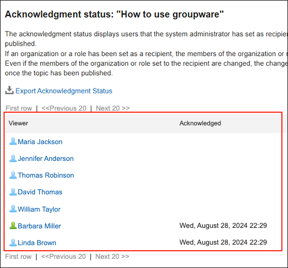 Screenshot: Viewers and the acknowledgment date and time are highlighted