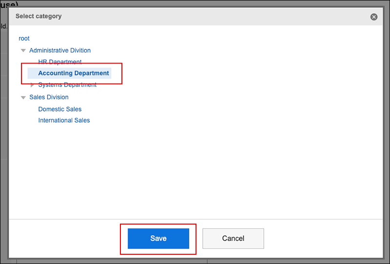 Screenshot: Screen showing the category being changed from Information System department to Domestic Sales department