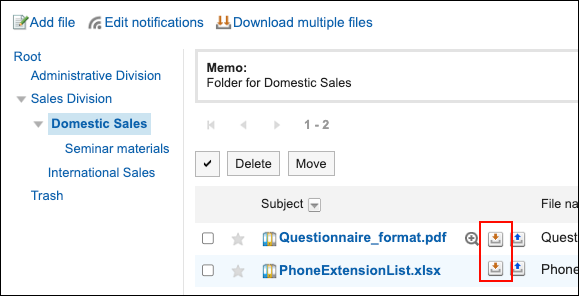 Screenshot: The Download icon is highlighted in the Cabinet screen