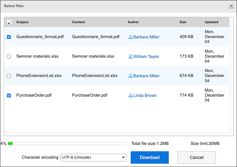 Screenshot: The "Select files" screen with the checkboxes selected for the files to download, and showing character encoding to change