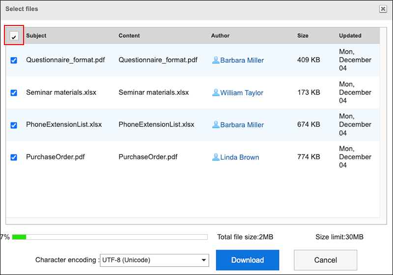 Screenshot: The "Select files" screen with a checkbox on the left of "Subject" highlighted