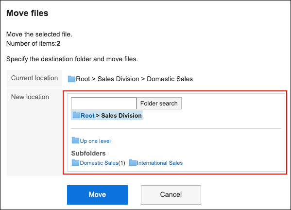 Screenshot: The "New location" field is highlighted in the "Move files" screen