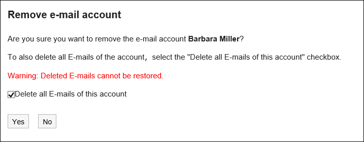 Screenshot: The "Remove e-mail account" screen