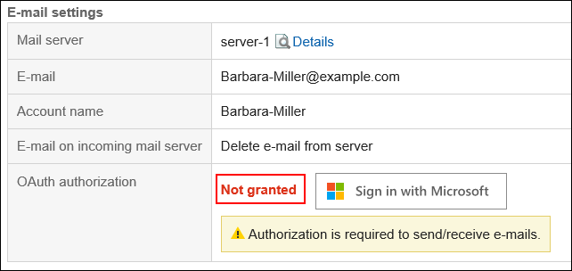 Screen capture: The "OAuth authorization" field is displayed on the "E-mail account details"
