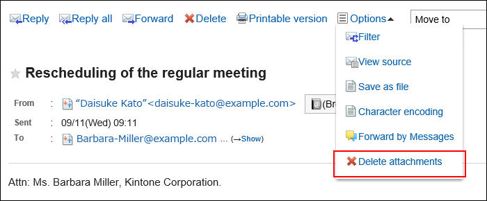 Screenshot: Link to delete attachments is highlighted in the e-mail screen without preview