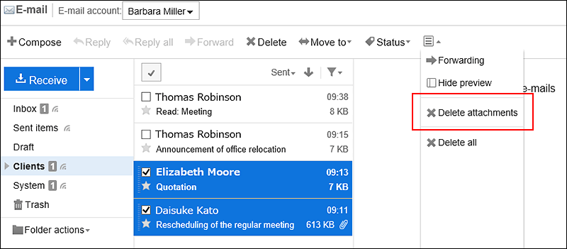 Screenshot: Link to delete attachments is highlighted in the e-mail preview screen
